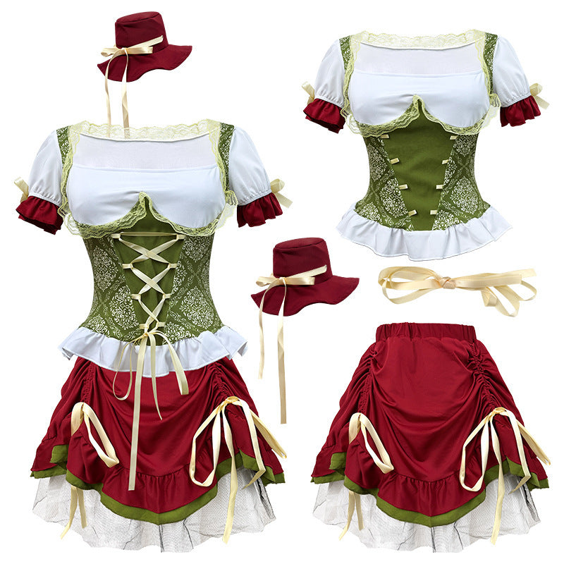 Ladies nan short dirndl traditional dress with laced corset, lace collar and gathered skirt Mune Fashion