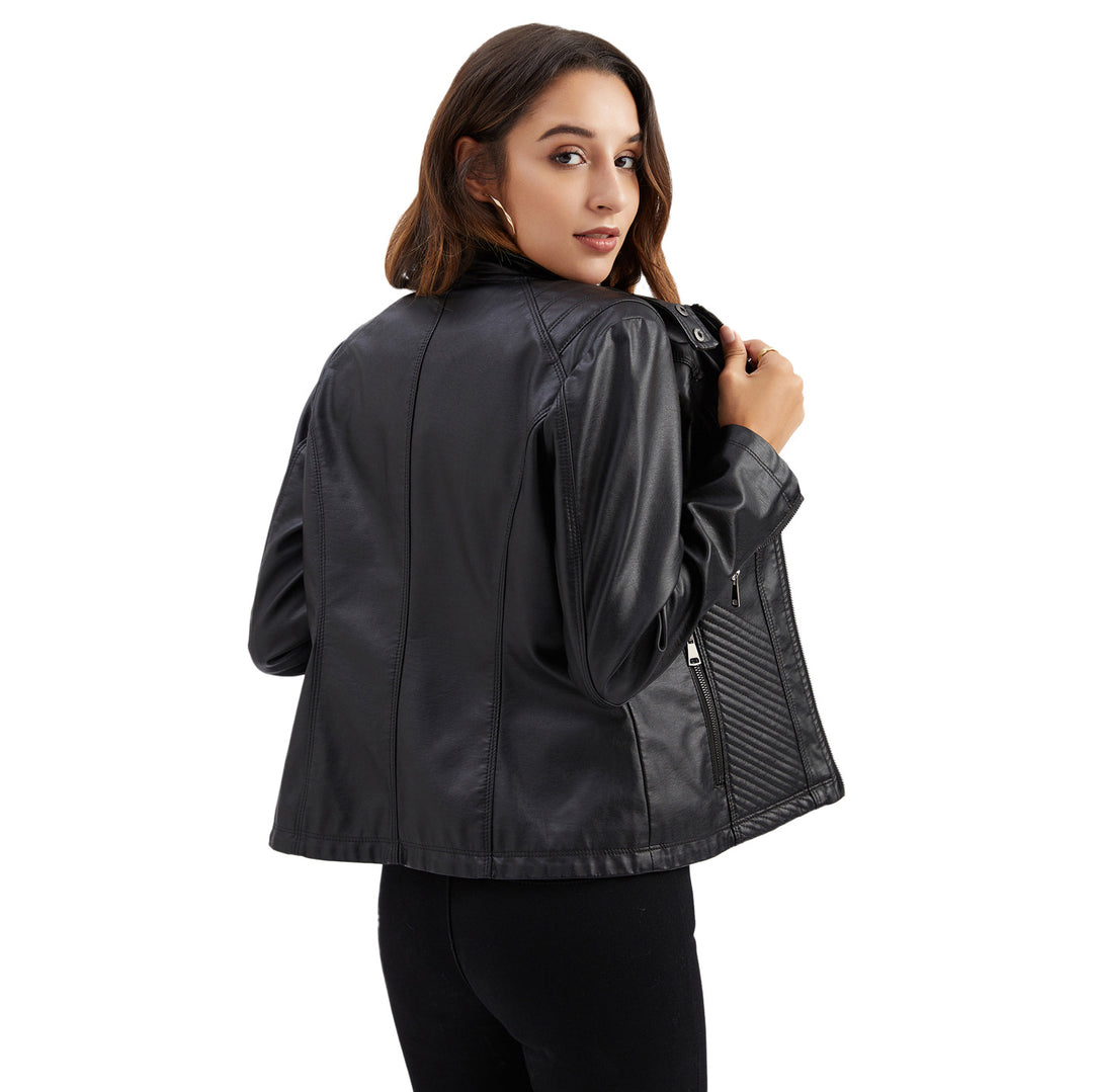 Women's fitted biker faux leather jacket with stand collar and quilted side panel Mune Fashion