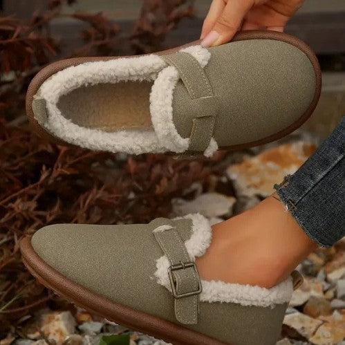Women's Fleece Lined Velour Imitation Slippers with Adjustable Buckle Strap Mune Fashion