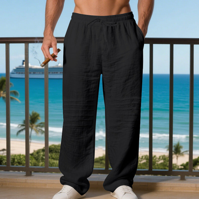 Men's loose linen jogging pants with elastic drawstring waistband, side pockets and padded knee sections Mune Fashion