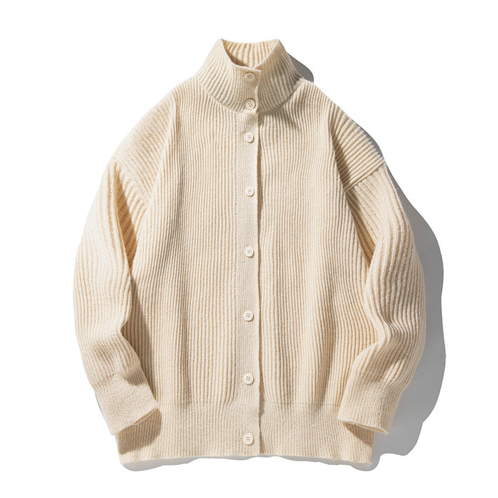 Women's Oversize Cardigan made of fine rib knit with high roll collar and continuous button placket Mune Fashion