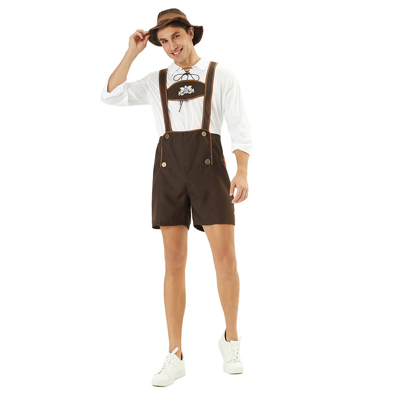 Men's short traditional leather shorts with adjustable straps and embroidered bib Mune Fashion
