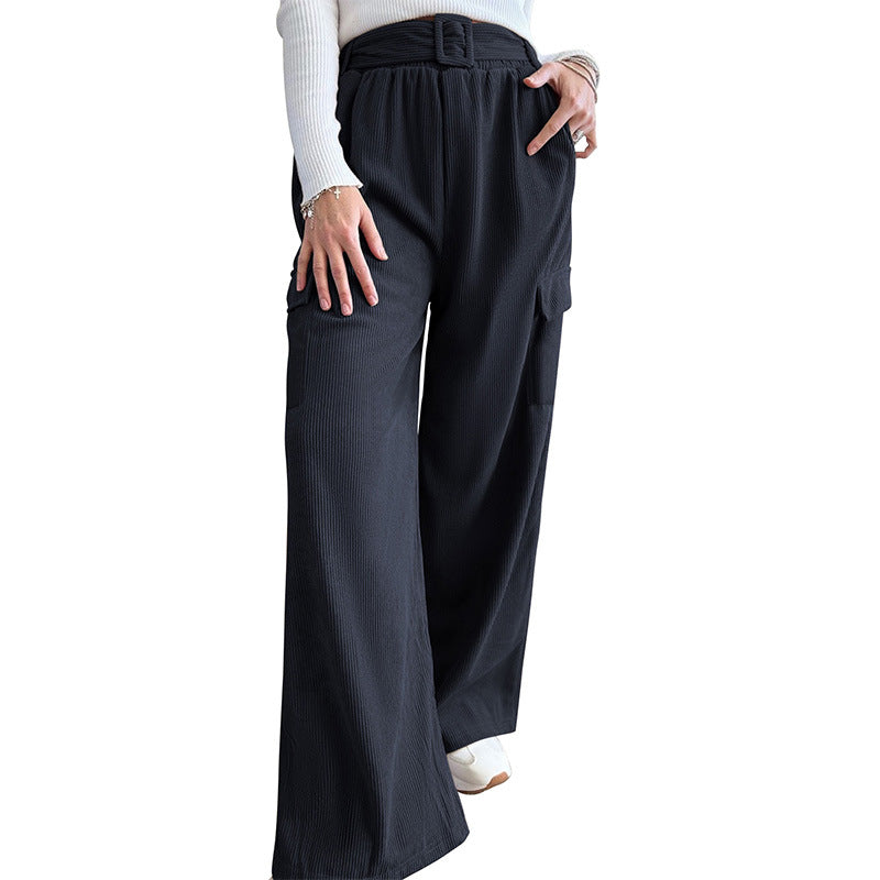 Women's Wide High-Waist Pants with Fabric Belt and Cargo Pockets Mune Fashion