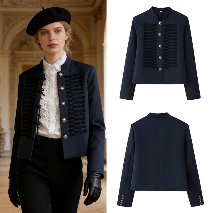 Women’s short military-style jacket with stand-up collar, decorative cord trimming, and decorative buttons Mune Fashion