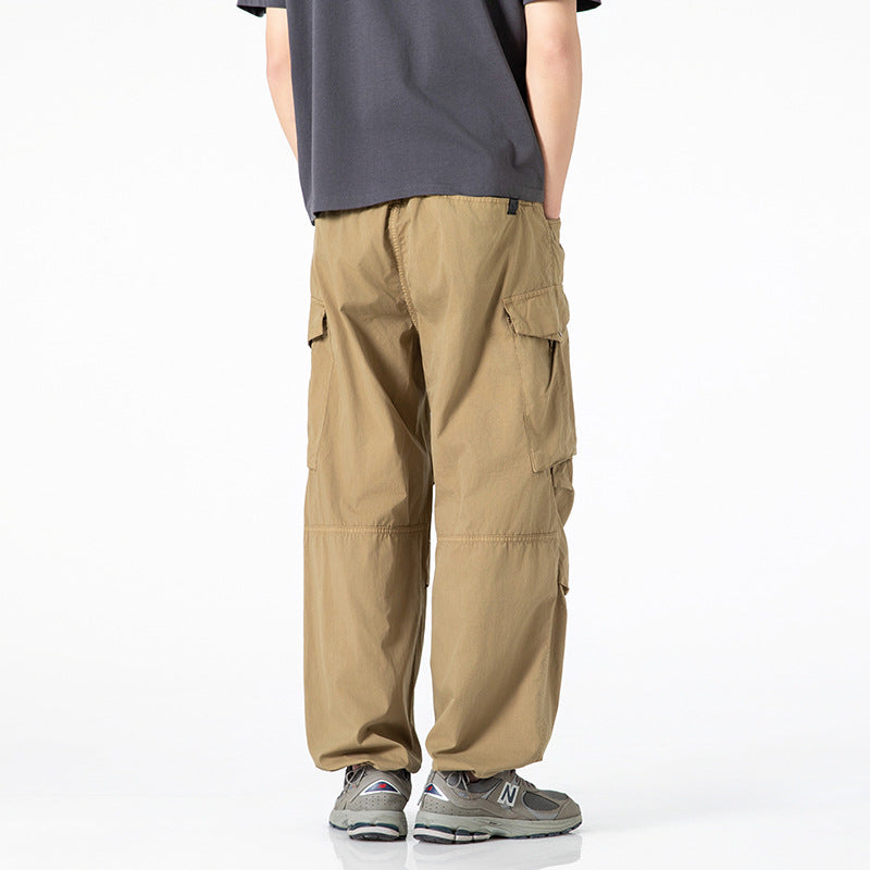 Men's Wide Cargo Pants with Drawstring Waistband, Multi-Functional Pockets and Split Knee Sections Drune