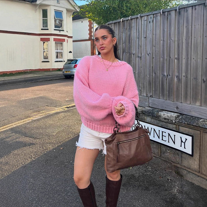Women Oversize Chunky Knit Sweater with Balloon Sleeves and Wide Ribbed Collar Mune Fashion