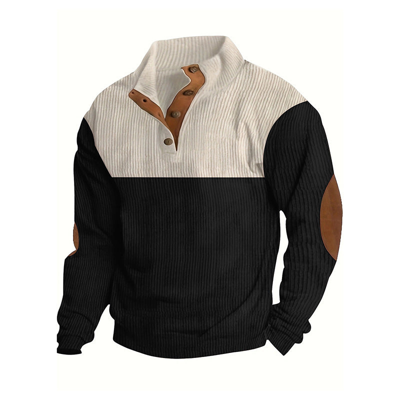 Men's Structured Half-Button Sweater with Stand Collar, Ribbed Texture and Elbow Patches Mune Fashion