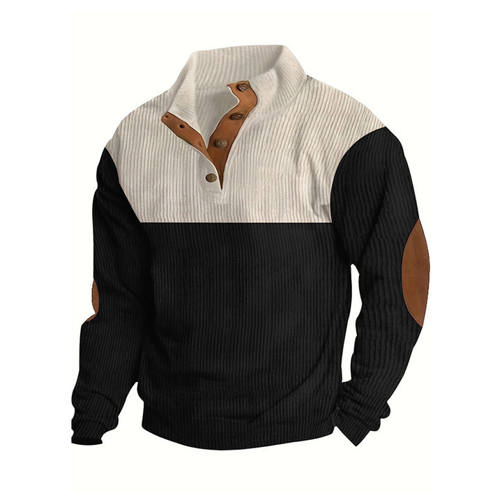 Men's Structured Half-Button Sweater with Stand Collar, Ribbed Texture and Elbow Patches Mune Fashion