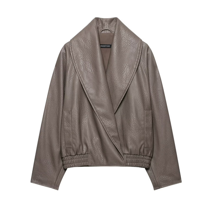 Women's Short Tailored Leather-Look Jacket with Oversized Shawl Collar and Gathered Hem Mune Fashion