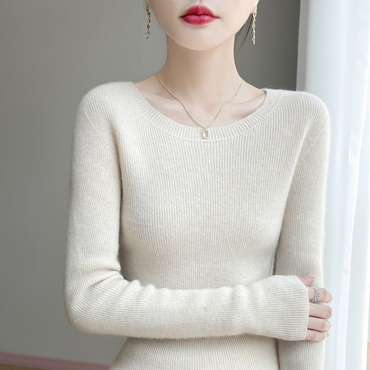 Women's Tailored Round Neck Sweater in Fine Ribbed Cashmere Look Mune Fashion
