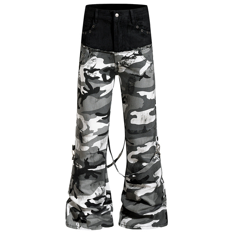 Ladies Wide High-Waist Cargo Pants in Camouflage Look with Bondage Straps Mune Fashion