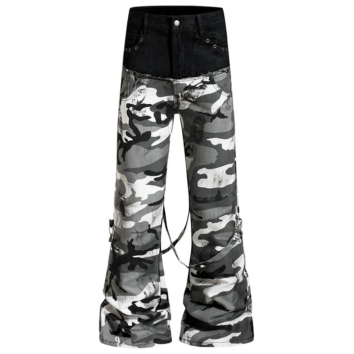 Ladies Wide High-Waist Cargo Pants in Camouflage Look with Bondage Straps Mune Fashion