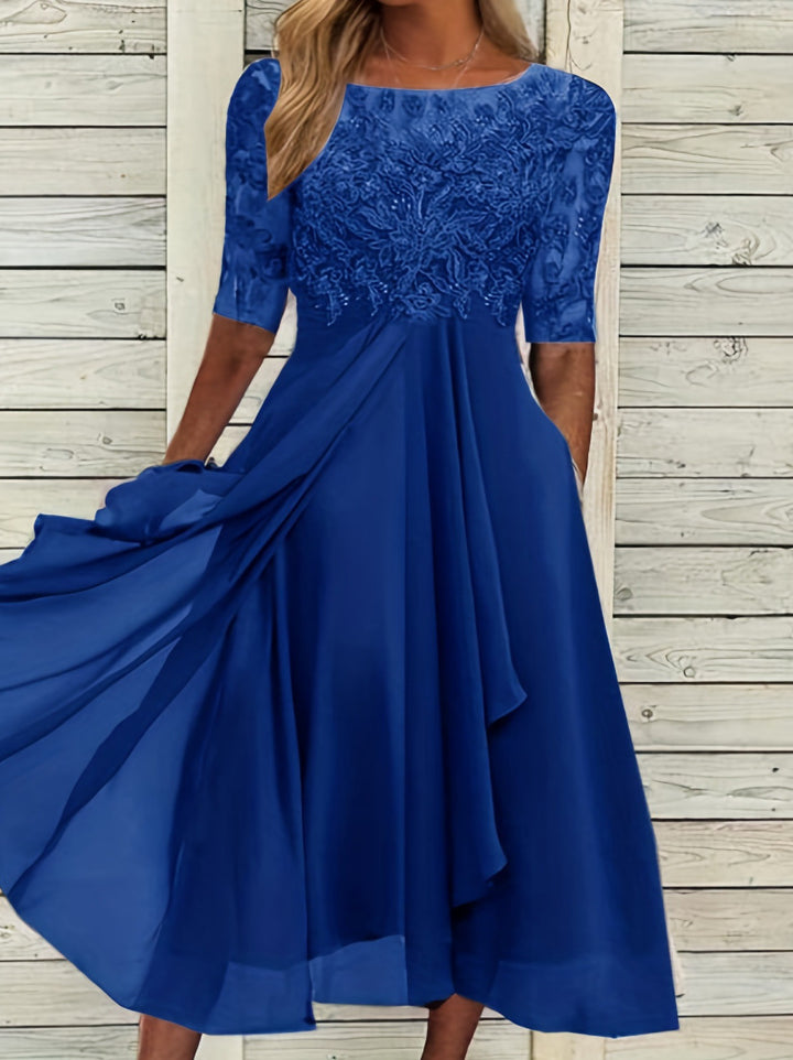 Ladies' elegant cocktail dress with embroidered corset, boat neckline and flowing chiffon skirt Mune Fashion