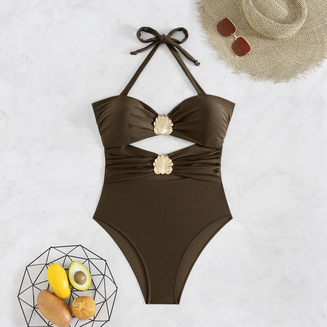 Women High-Quality One-Piece Swimsuit with Stylish Wrap Design and Decorative Shell Detail Mune Fashion