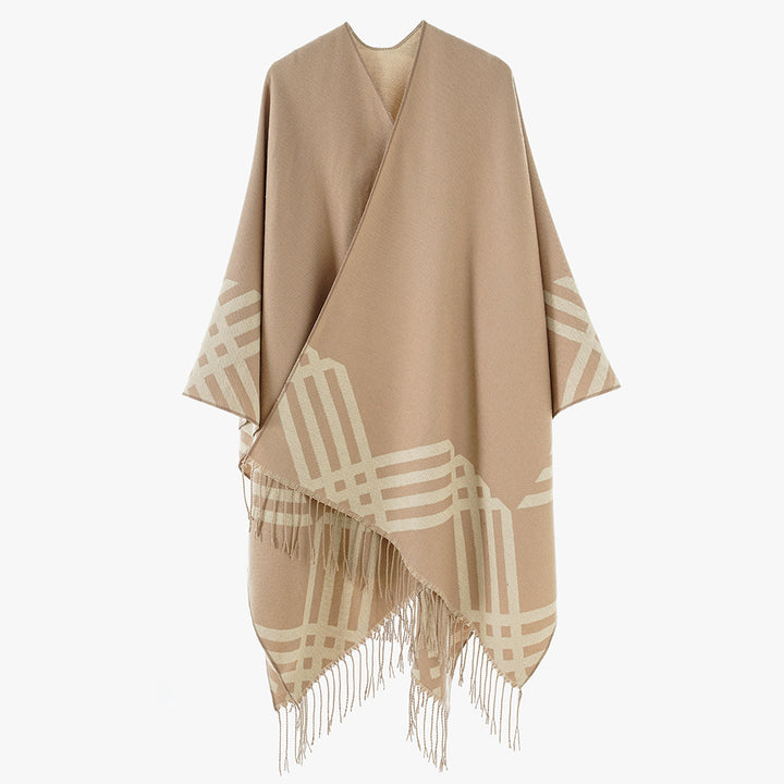 Women's Wool Blend Ruana in Rectangular Cut with Graphic Stripe Jacquard and Fringes