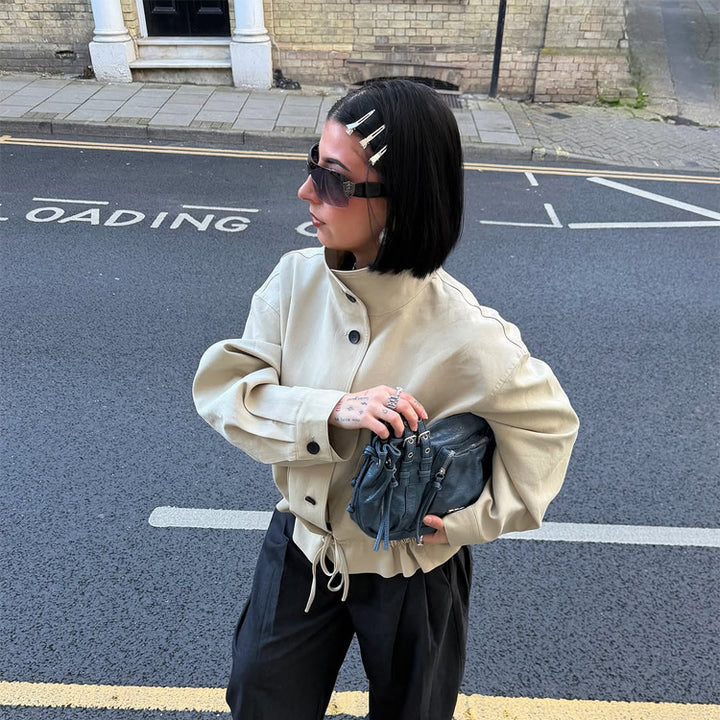 Women's Short-Cut Oversized Canvas Blouson with Stand-Up Collar Mune Fashion