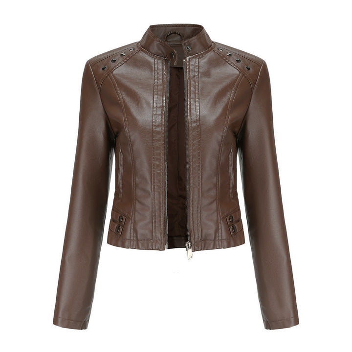 Women's short fitted faux leather jacket with studded detailing and stand-up collar Mune Fashion