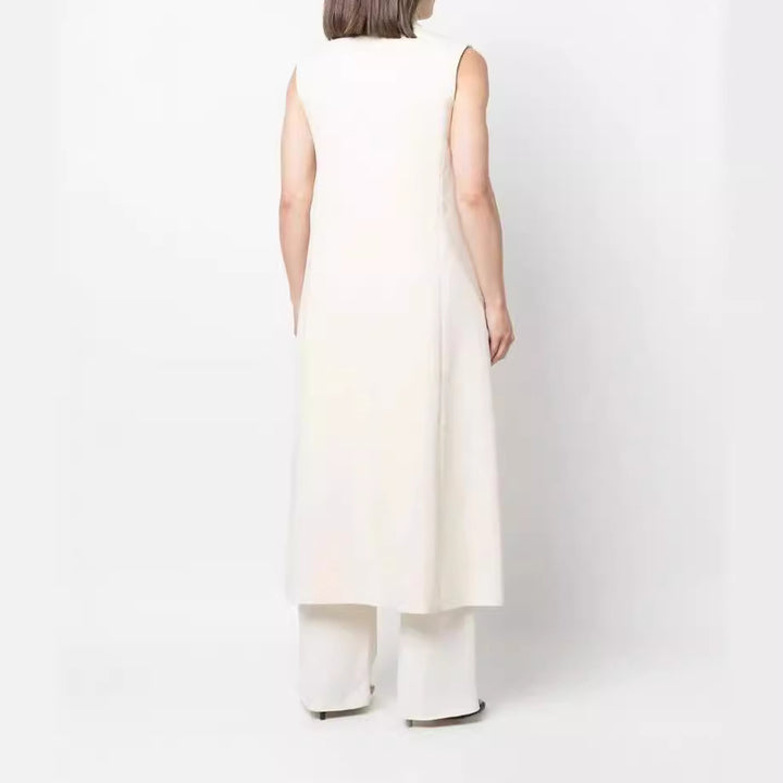 Women's Sleeveless Long Coat in Blazer Style with Shawl Collar and Tailored Seam Mune Fashion