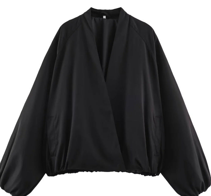 Women Short Blouson made of Artificial Leather with Double-Breasted Button Placket and Shoulder Cape Mune Fashion