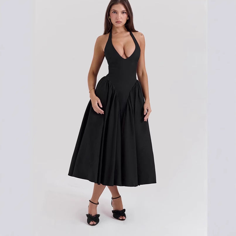 Women's figure-flattering halter bustier midi dress with tailored bodice and wide circle skirt Mune Fashion