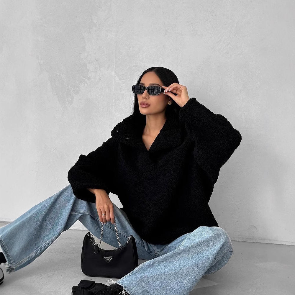 Women Oversized Teddy Sweater with Half Snap Placket and Stand Collar Mune Fashion