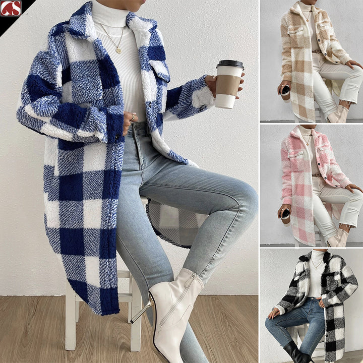 Women's longer teddy check coat with shirt collar, patch chest pockets and button placket Mune Fashion