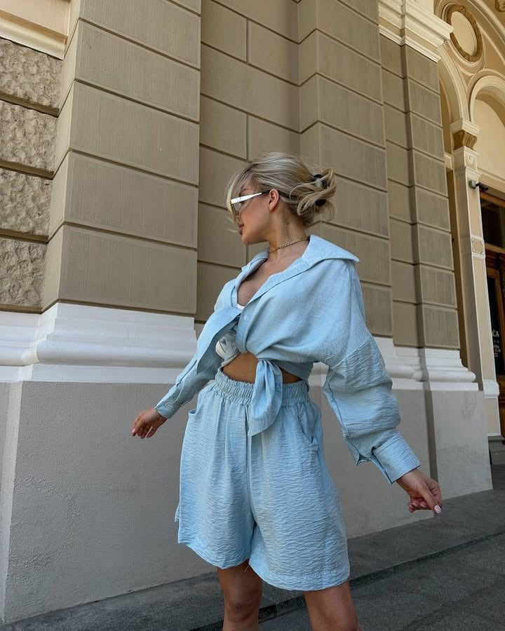 Women's two-piece textured loungewear set with oversized shirt and elastic waist shorts Mune Fashion