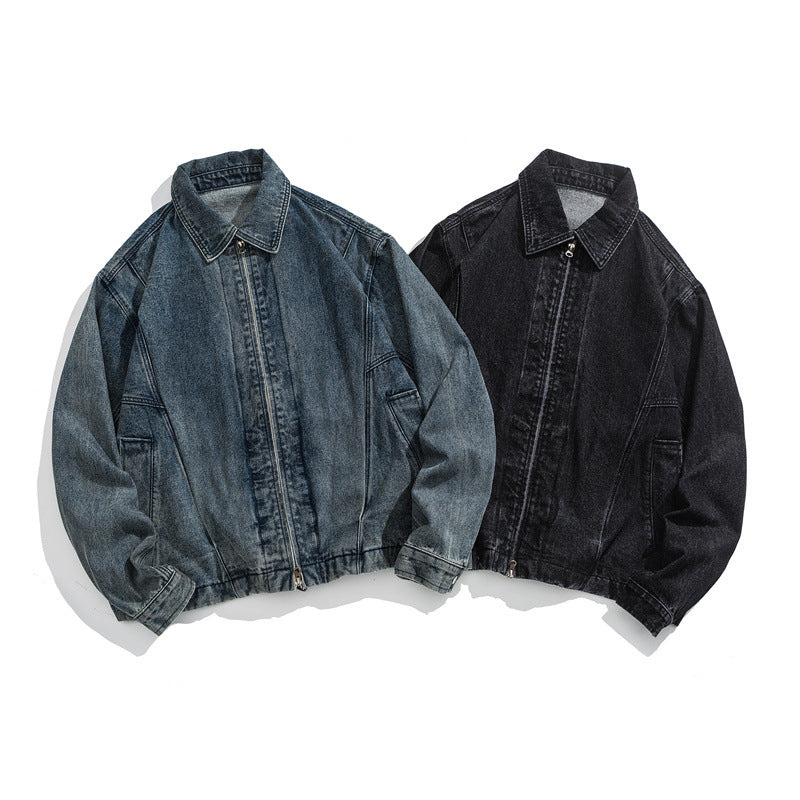Unisex Short Cut Denim Worker Jacket with Continuous Zipper and Boxy Silhouette Mune Fashion