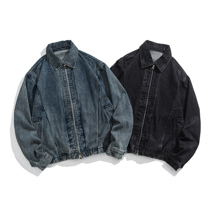 Unisex Short Cut Denim Worker Jacket with Continuous Zipper and Boxy Silhouette Mune Fashion