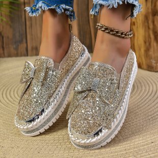 Women Glitter Platform Slippers with Bow Application and Profiled Comfort Sole Mune Fashion
