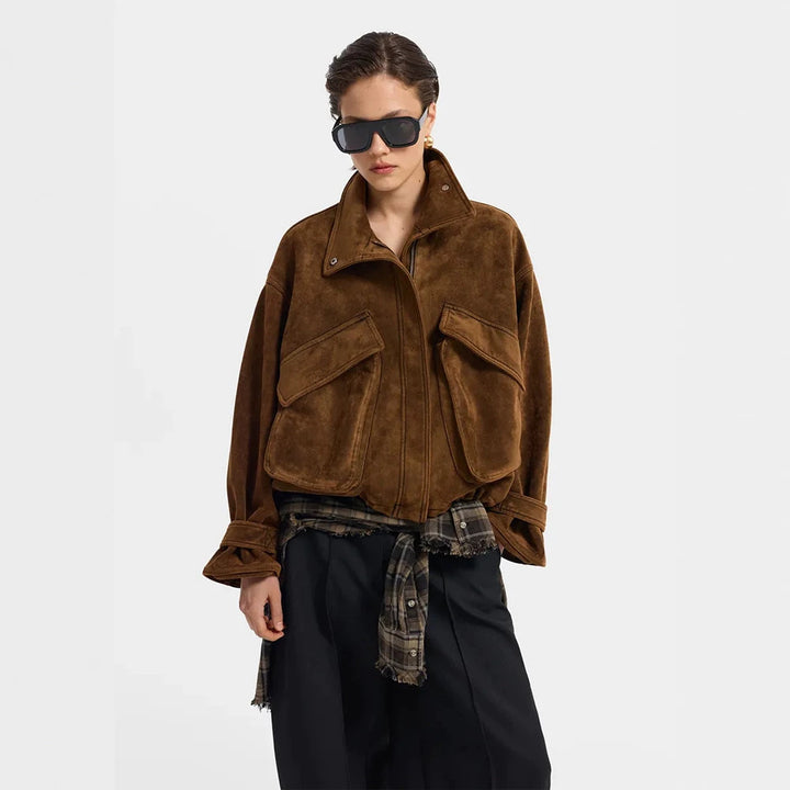 Ladies Oversize Suede Blouson with Large Flap Pockets and Stand-up Collar Mune Fashion