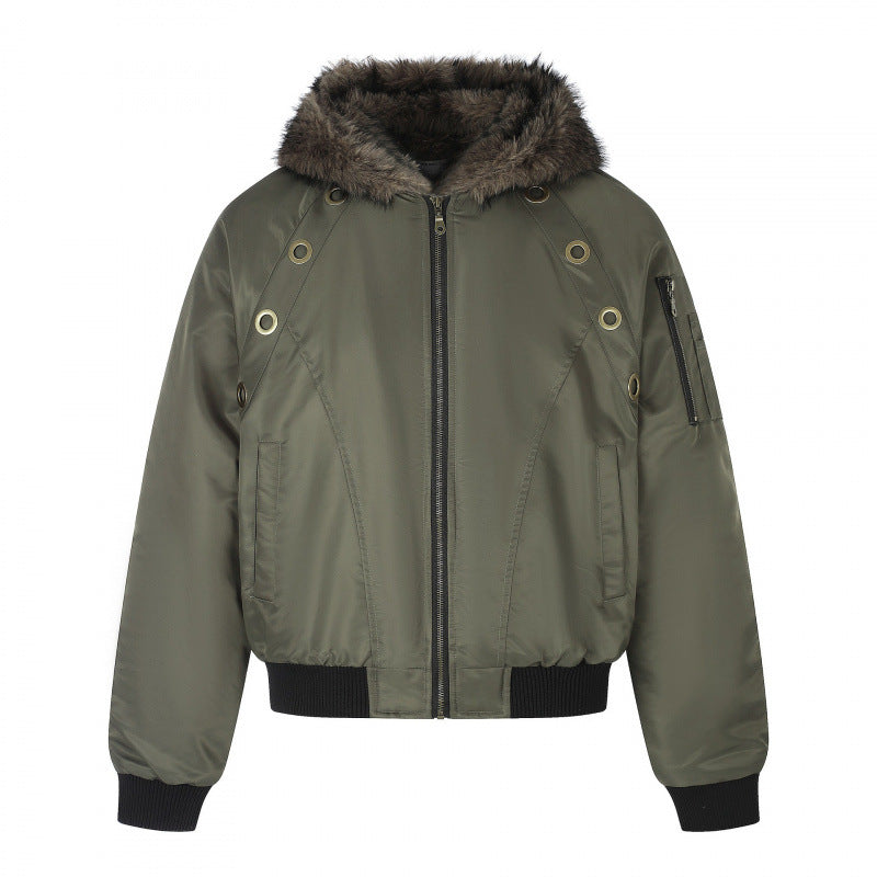 Women's short-cut bomber jacket with faux fur hood, metal eyelets and zipper Mune Fashion