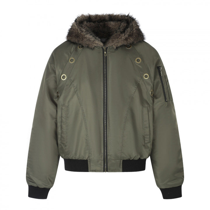 Women's short-cut bomber jacket with faux fur hood, metal eyelets and zipper Mune Fashion