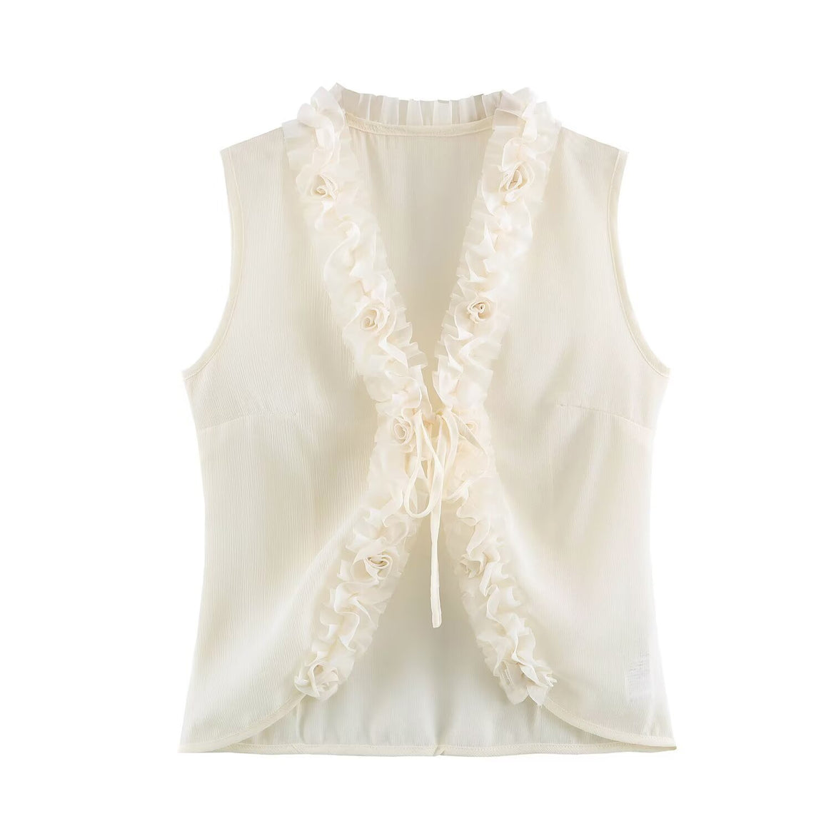 Women's sleeveless blouse with deep V-neck, ruffle trim and decorative roses.