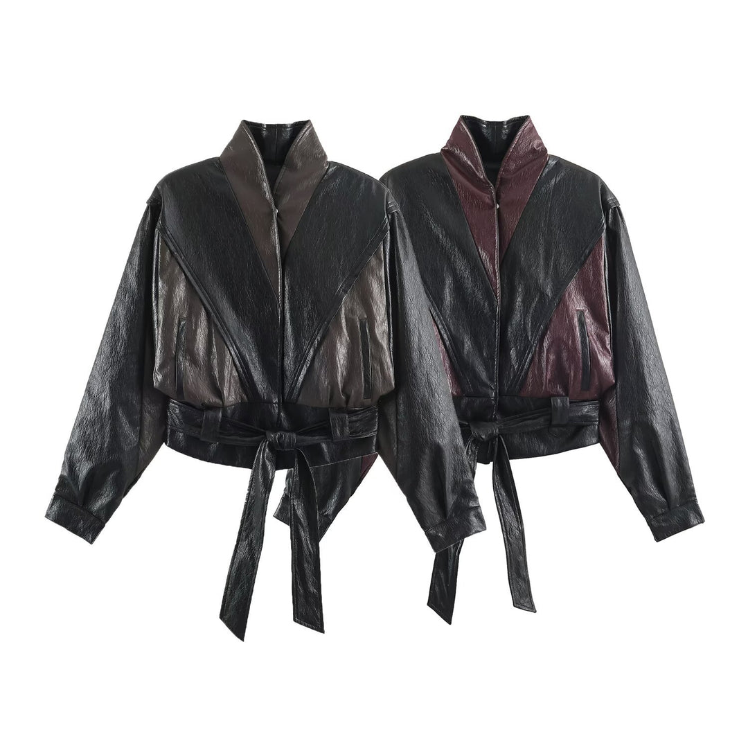 Women's short jacket in blouson style with high collar and tie belt Mune Fashion