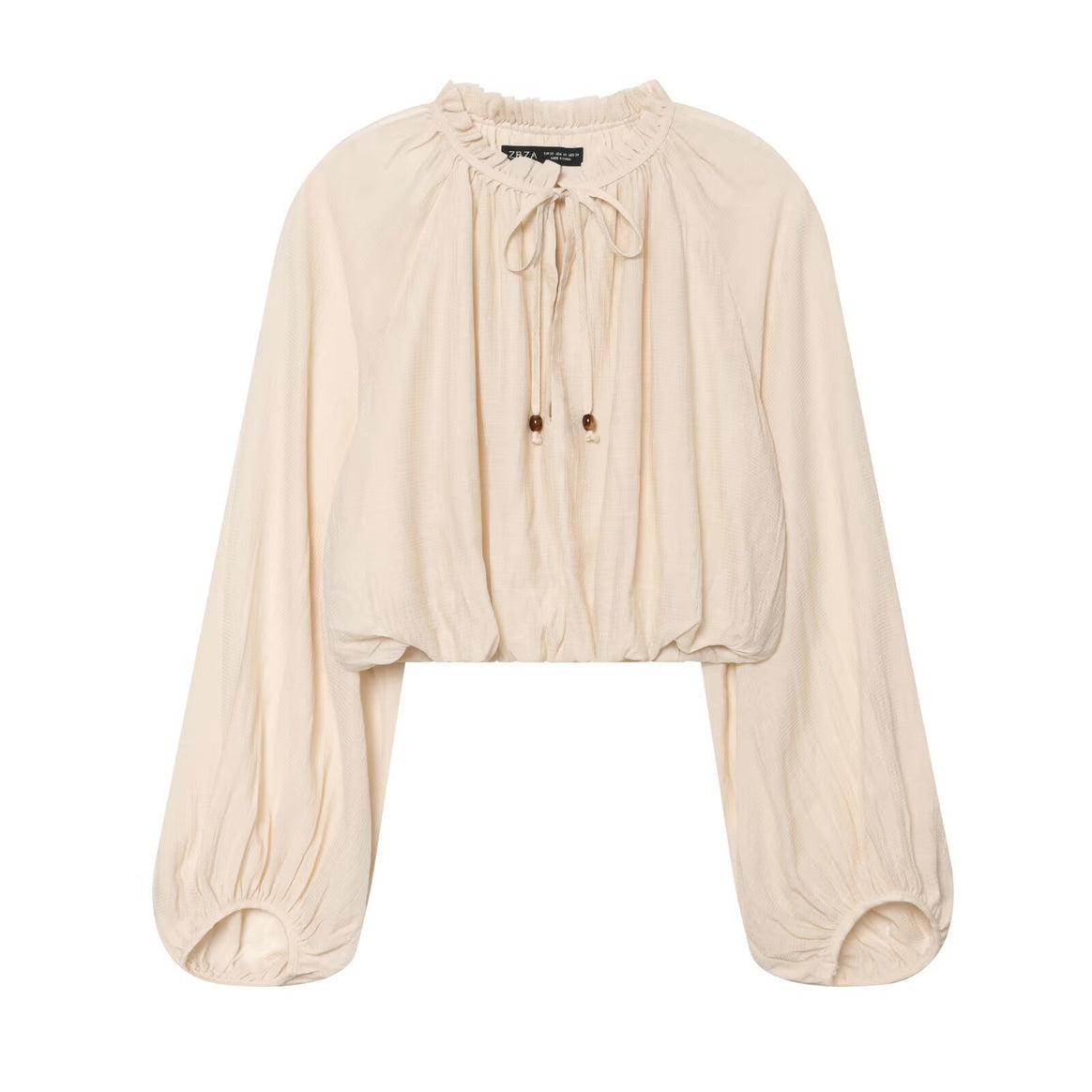 Women's Lightweight Pleated Crop Top with Ruffled Collar and Drawstring Mune Fashion