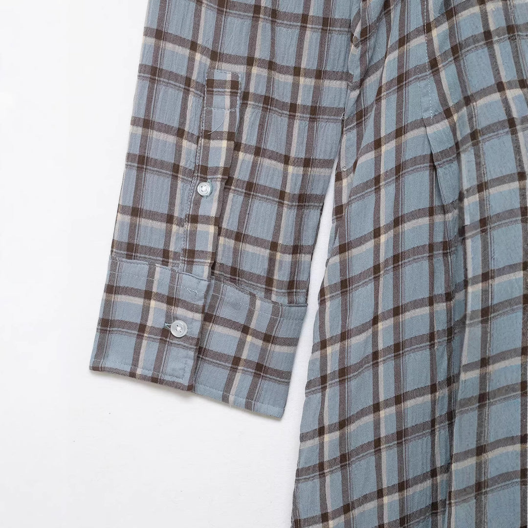 Women's Long Checked Shirt Dress with Full Button Placket and A-Line Silhouette Mune Fashion