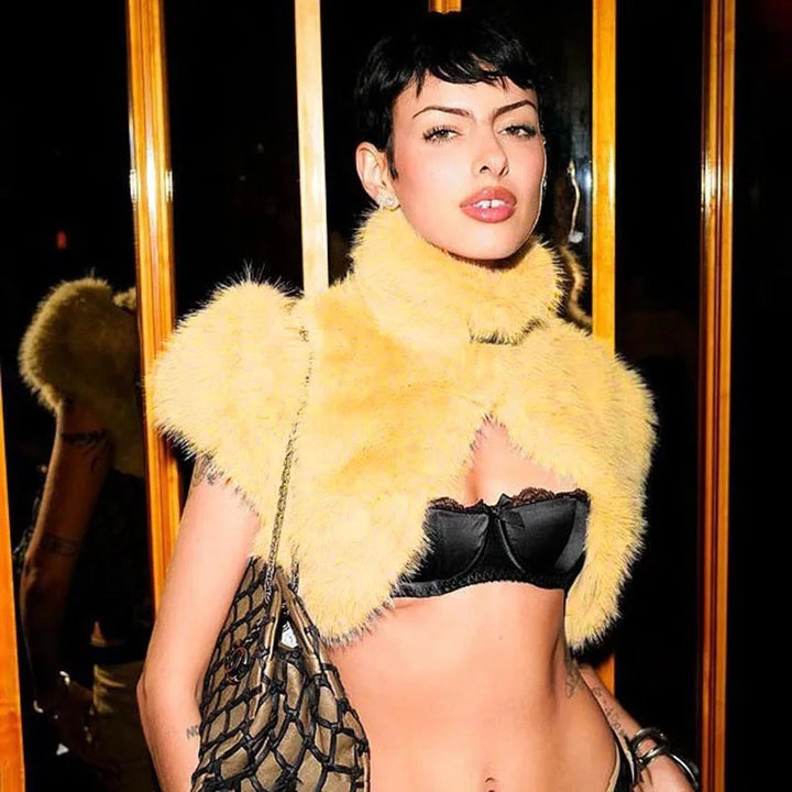 Women's Cropped Faux Fur Bolero with Voluminous Shawl Collar and Puff Sleeves Mune Fashion