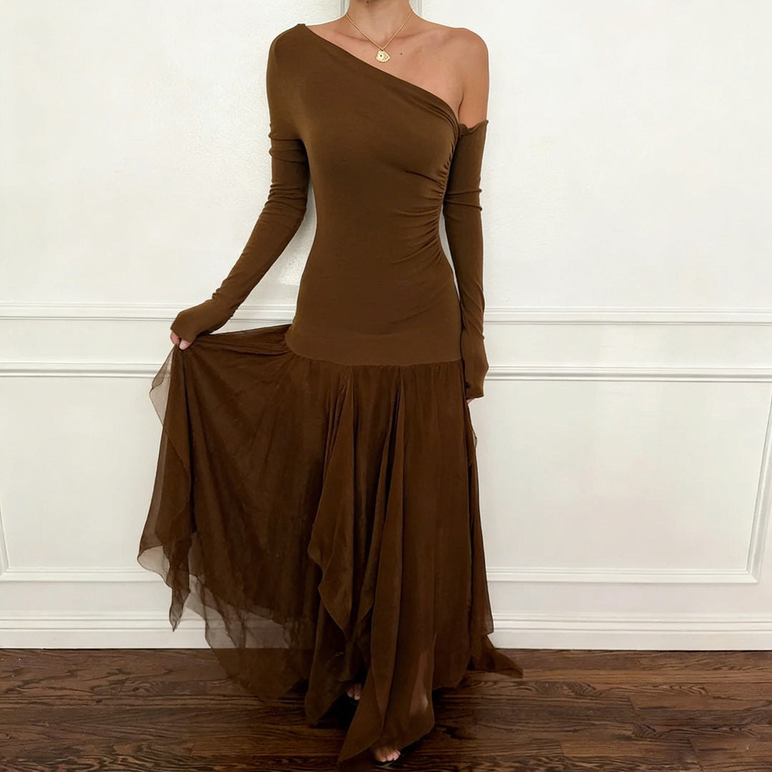 Women One-Shoulder Evening Dress with Fitted Stretch Silhouette and Layered Tulle Mermaid Skirt Mune Fashion