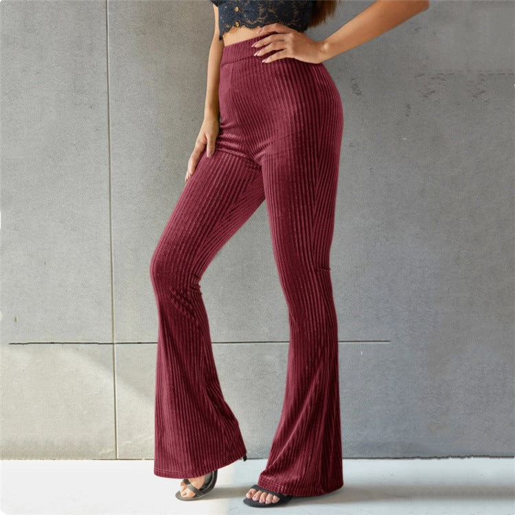 Women's high-waisted ribbed velvet flare trousers with wide flare and elastic waistband Mune Fashion