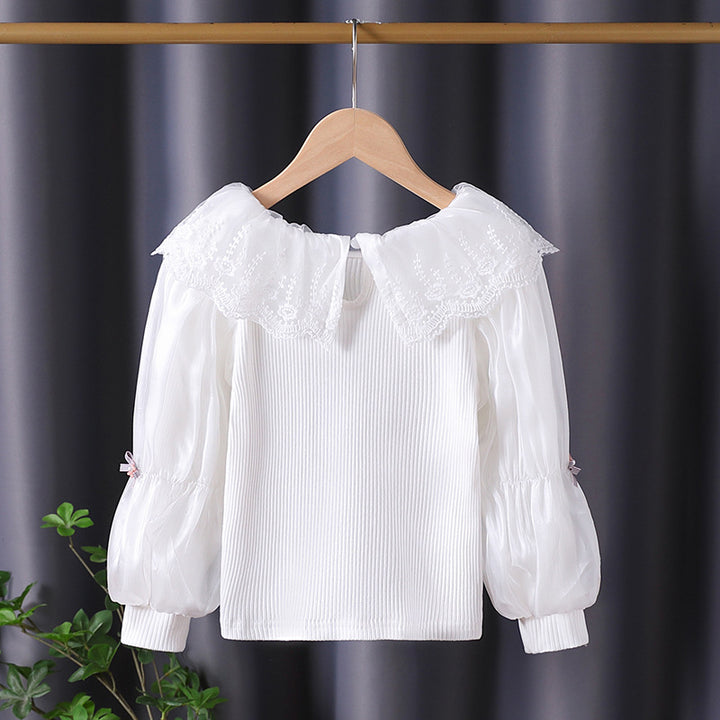 Women elegant blouse with romantic lace collar and ruffle details Mune Fashion