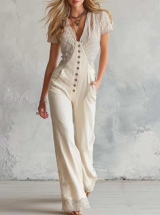 Women's Tailored Jumpsuit with V-Neck, Button Placket and Lace Trim Mune Fashion