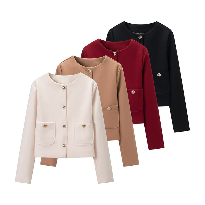 Women's cropped wool blend jacket with round neck, patch pockets and gold decorative buttons Mune Fashion