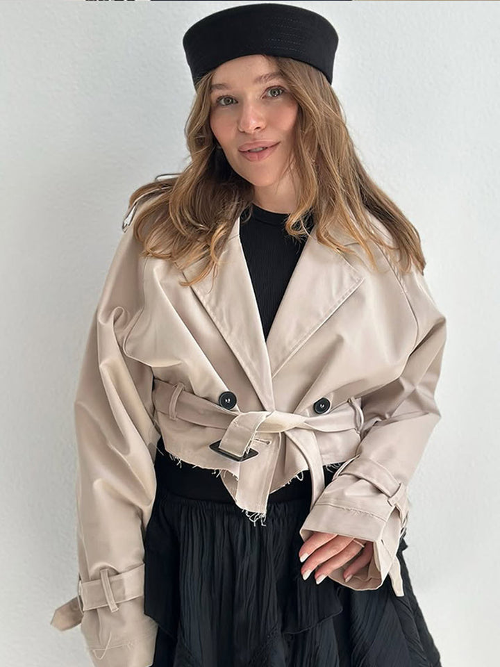 Women Short-Cut Trench-Cropped Coat with Waistbelt, Oversized Sleeves and Frayed Hem Mune Fashion