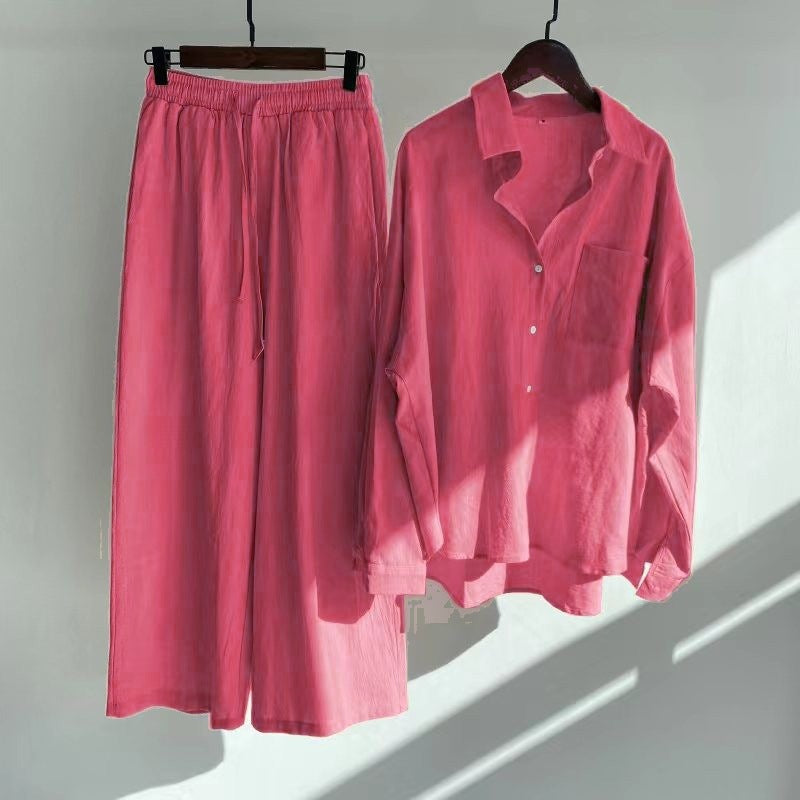 Women's Loose-Fitting Two-Piece Viscose Loungewear Set with Shirt Blouse and Wide Palazzo Pants Mune Fashion