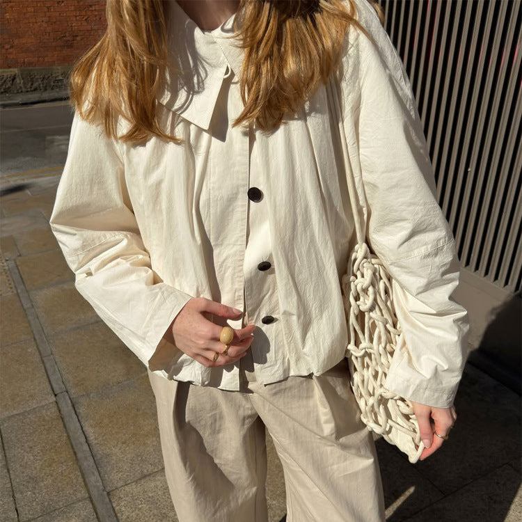 Women's Lightweight Cropped Blouse Jacket with Boxy Silhouette, Oversized Shirt Collar and Balloon Sleeves Mune Fashion