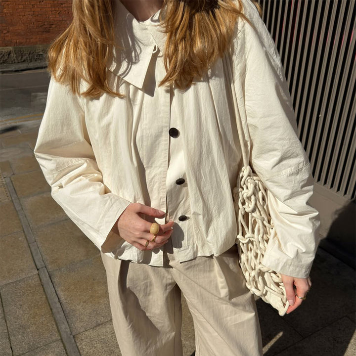 Women's Lightweight Cropped Blouse Jacket with Boxy Silhouette, Oversized Shirt Collar and Balloon Sleeves Mune Fashion