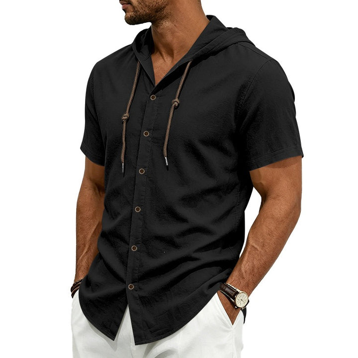 Men's short-sleeve hooded shirt in linen look with button placket and drawstring Mune Fashion