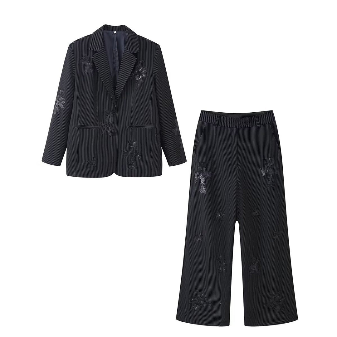 Women's High-Waisted Wide Marlene Trousers with Pinstripes and Sequin Embroidery Mune Fashion
