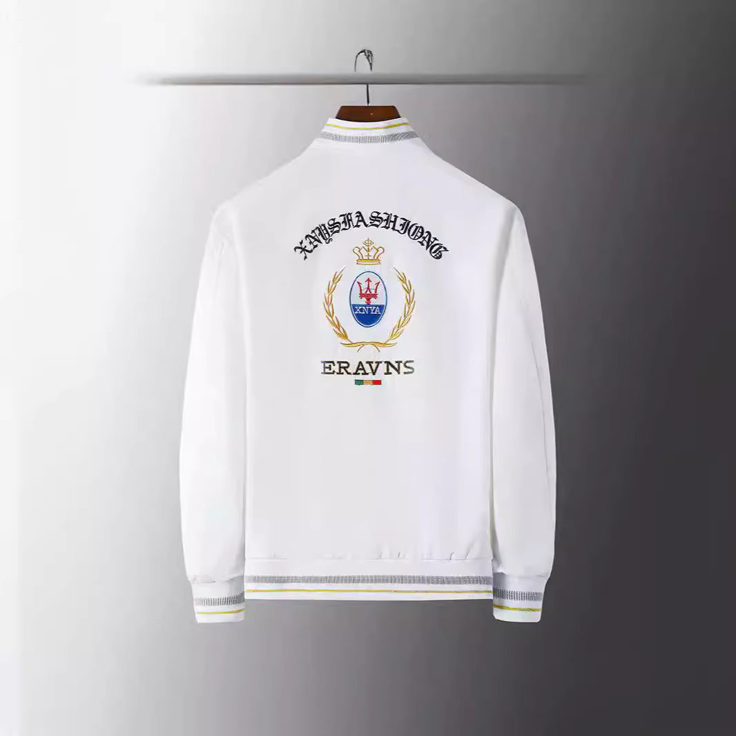 Men's stick detail bomber jacket in retro crest style with emblem embroidery and zipper arm pocket Mune Fashion